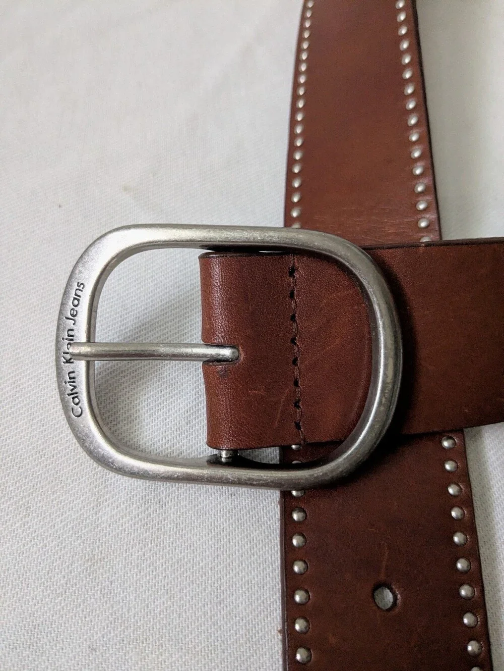 Calvin Klein Jeans Brown Genuine Leather Studded Wide Belt Curved Silver Buckle